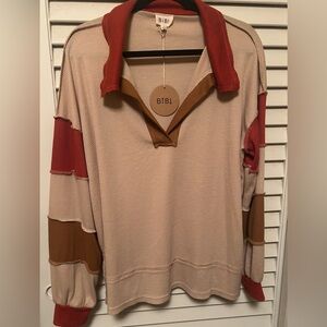 BiBi Beige and Red Women's Blouse with Brown Accents